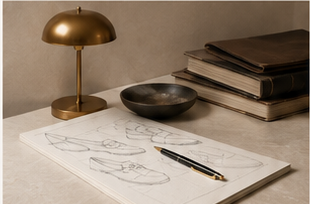 Desk with lamp and sketches